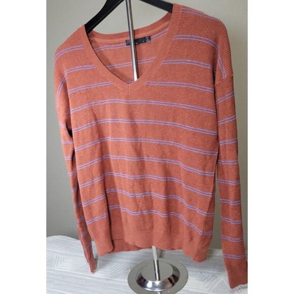 prAna Organic Cotton Merino Wool Striped V-Neck Sweater Women’s Size L Rust - Picture 1 of 7